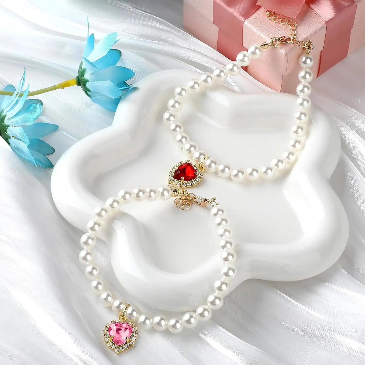 Charming 2-Pack Adjustable Cat Costume Collars with Pearl and Heart Rhinestones - Perfect for Weddings & Parties!