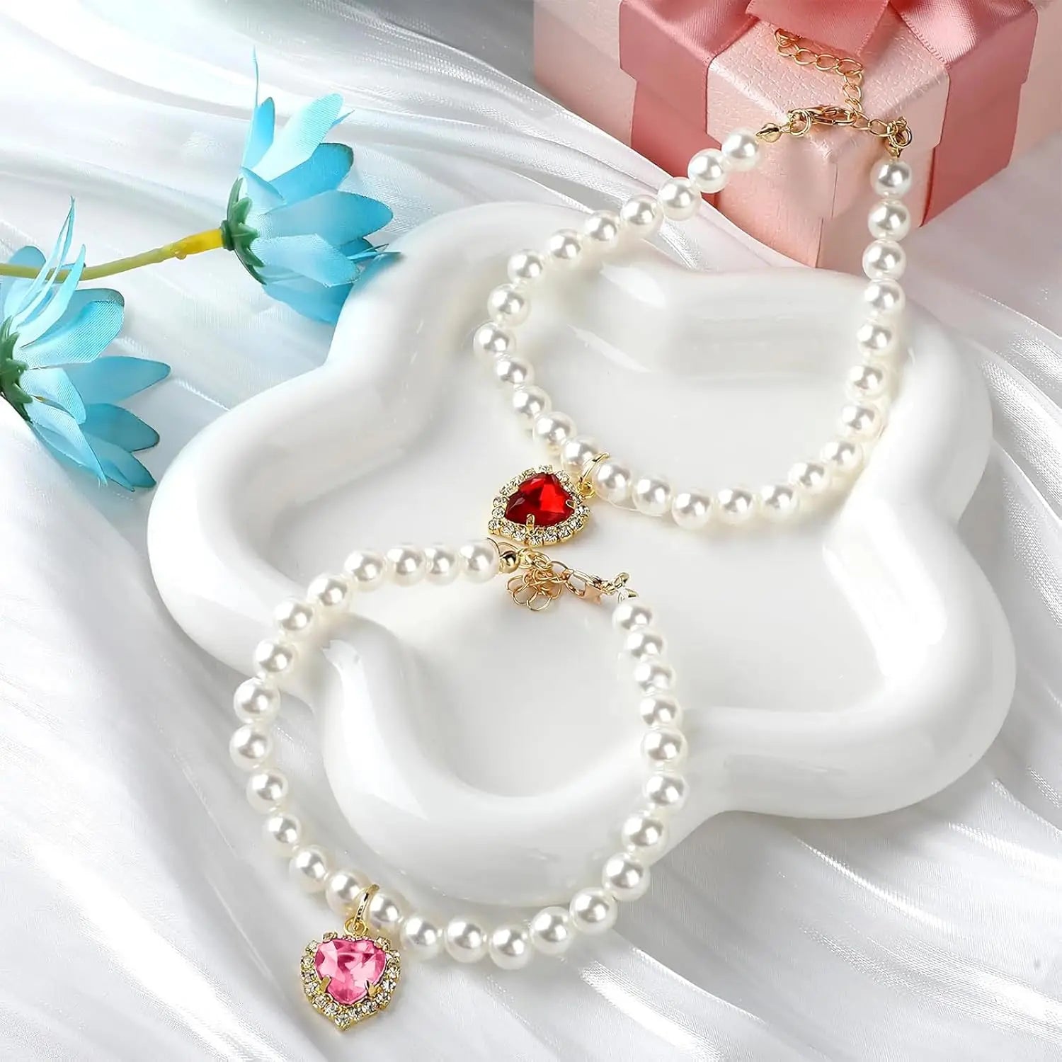 Charming 2-Pack Adjustable Cat Costume Collars with Pearl and Heart Rhinestones - Perfect for Weddings & Parties!