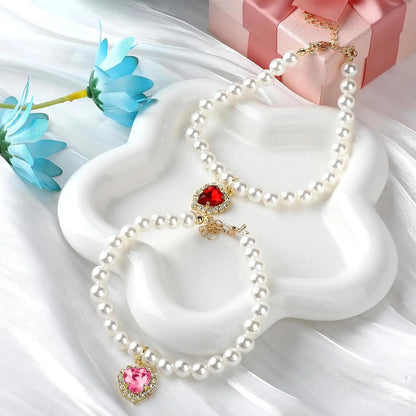 Charming 2-Pack Adjustable Cat Costume Collars with Pearl and Heart Rhinestones - Perfect for Weddings & Parties!