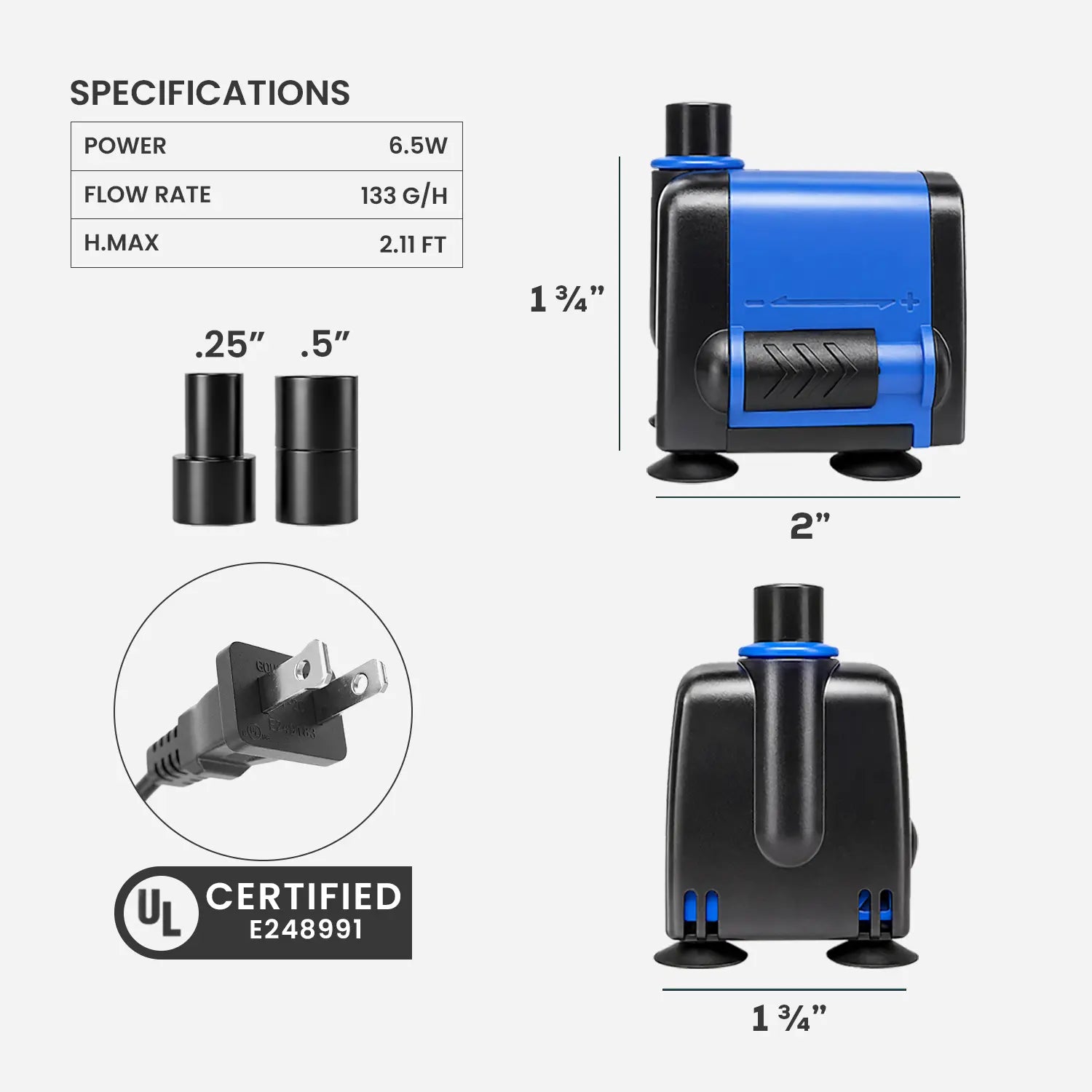133 GPH Mini Water Pump | Small Submersible Aquarium Pump for Fish Tank, Fountain, Hydroponic & Irrigation Systems Quiet Aquarium Circulation Pump with Adjustable Flow for Fountain & Hydroponics