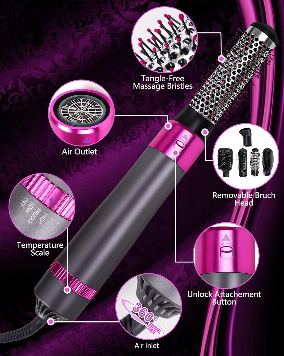 Transform Your Hair with the 5-in-1 Negative Ion Hair Dryer Brush - Effortless Styling Hot Air Comb (Black-Red)