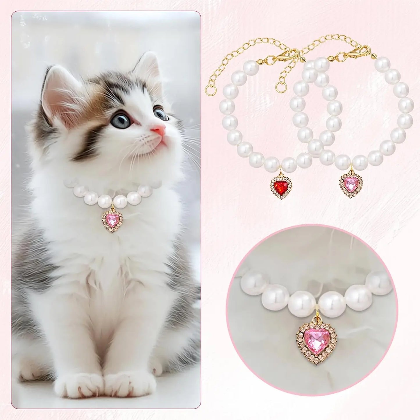 Charming 2-Pack Adjustable Cat Costume Collars with Pearl and Heart Rhinestones - Perfect for Weddings & Parties!