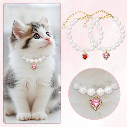 Charming 2-Pack Adjustable Cat Costume Collars with Pearl and Heart Rhinestones - Perfect for Weddings & Parties!