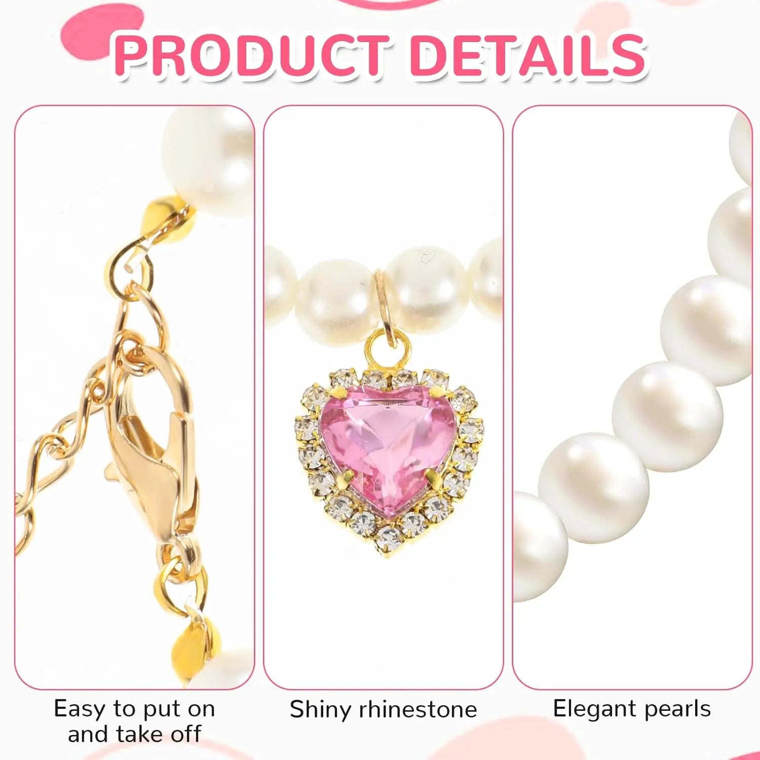 Charming 2-Pack Adjustable Cat Costume Collars with Pearl and Heart Rhinestones - Perfect for Weddings & Parties!