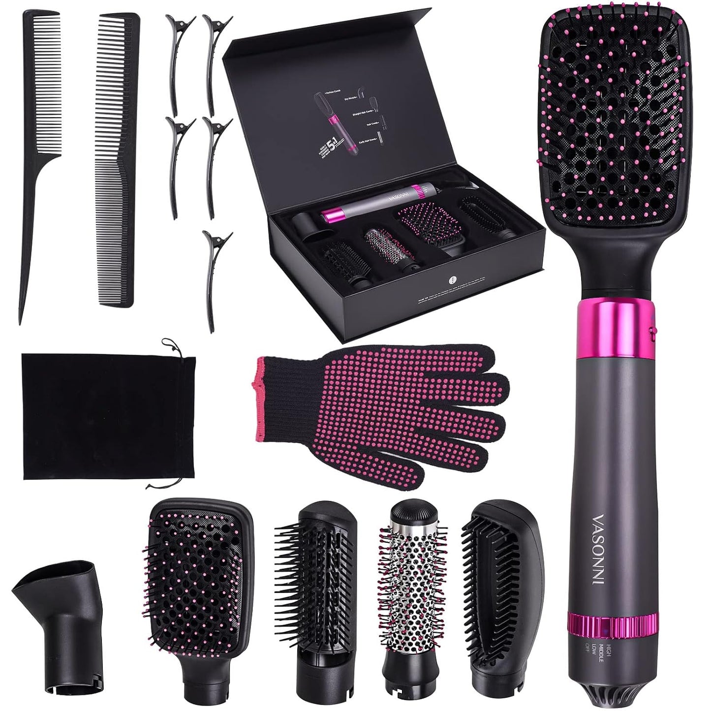 Transform Your Hair with the 5-in-1 Negative Ion Hair Dryer Brush - Effortless Styling Hot Air Comb (Black-Red)