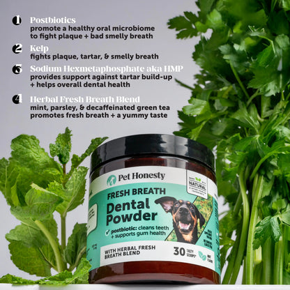 Pet Honesty Fresh Breath Dental Powder for Dogs (30 Servings) for Odor, Plaque and Tartar