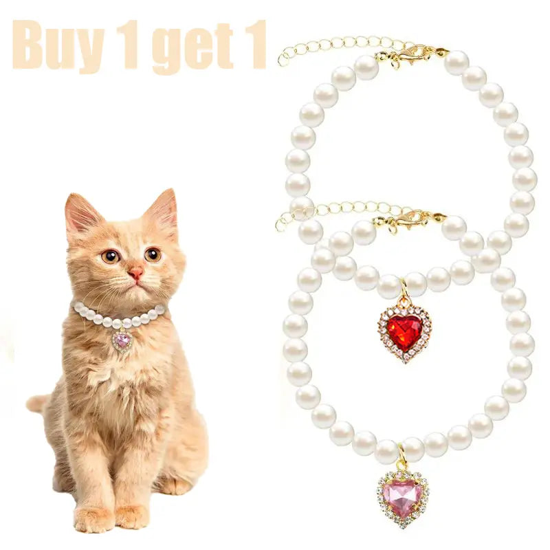 Charming 2-Pack Adjustable Cat Costume Collars with Pearl and Heart Rhinestones - Perfect for Weddings & Parties!