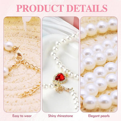 Charming 2-Pack Adjustable Cat Costume Collars with Pearl and Heart Rhinestones - Perfect for Weddings & Parties!