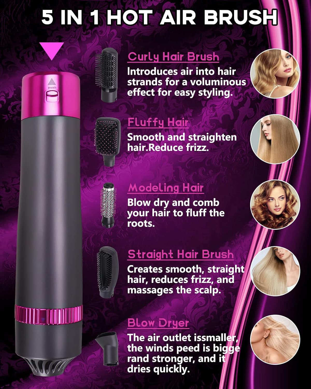 Transform Your Hair with the 5-in-1 Negative Ion Hair Dryer Brush - Effortless Styling Hot Air Comb (Black-Red)