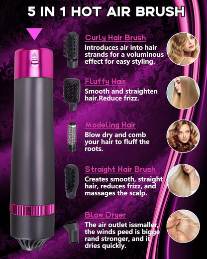 Transform Your Hair with the 5-in-1 Negative Ion Hair Dryer Brush - Effortless Styling Hot Air Comb (Black-Red)