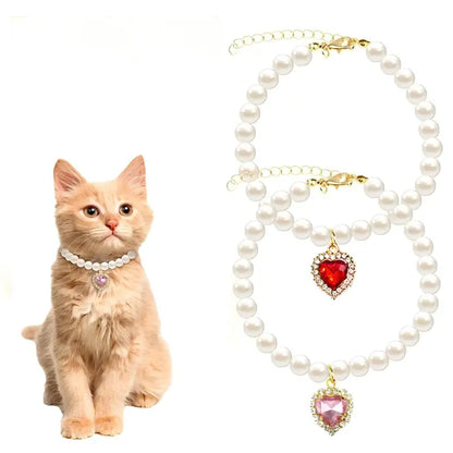 Charming 2-Pack Adjustable Cat Costume Collars with Pearl and Heart Rhinestones - Perfect for Weddings & Parties!