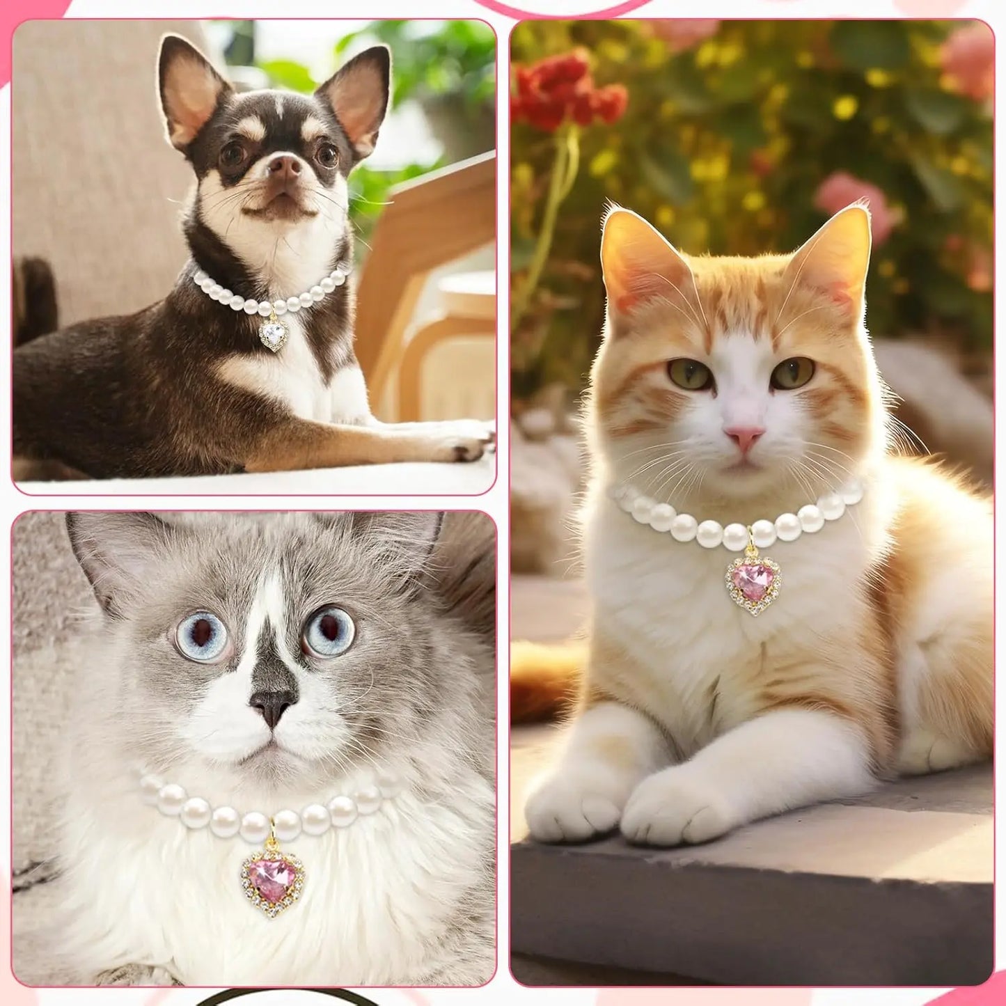 Charming 2-Pack Adjustable Cat Costume Collars with Pearl and Heart Rhinestones - Perfect for Weddings & Parties!