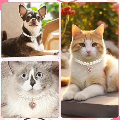 Charming 2-Pack Adjustable Cat Costume Collars with Pearl and Heart Rhinestones - Perfect for Weddings & Parties!